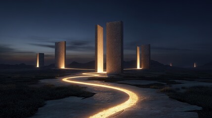 A luminous path winding through ancient gates, representing timeless wisdom and longevity.
