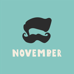 Male face with mustache. November. Men's Health Awareness Month. Vector hand drawn illustration. Flat graphic design on green background.