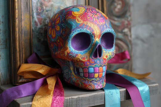 Colorful decorative skull rests on a wooden shelf adorned with vibrant ribbons in a festive setting, emphasizing traditional artistic craftsmanship and cultural significance