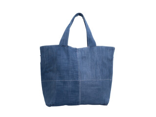 Simple blue denim tote bag with white stitching isolated on transparent background