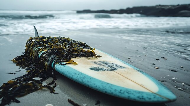 Surfboard silhouette at sunset, storytelling ocean vibe