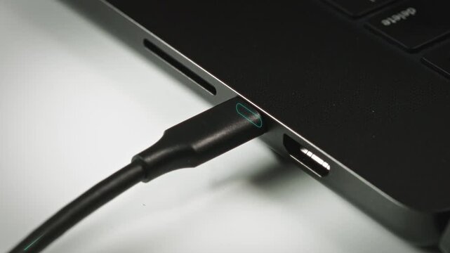 Motion graphics of USB-C cable insertion with animated data streams visualizing high-speed digital transfer. Modern protocol technology shown through dynamic binary particle effects.
