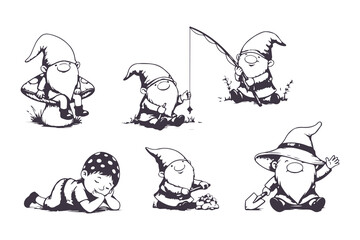 Obraz premium Cute Garden Gnome Vector Set in Different Poses Black and White Illustration