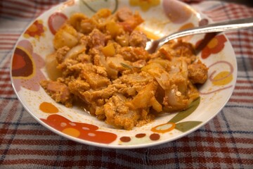 Homemade Hungarian vegetable stew, lecsó, served in a bowl, close-up view.