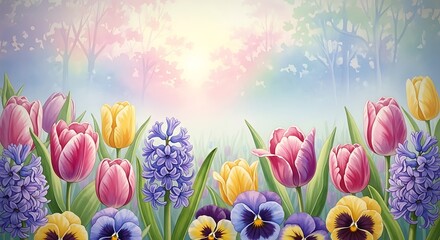 Watercolor Painting of Colorful Spring Flowers with Soft Pastel Background