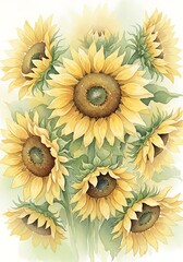 Watercolor Painting of Sunflowers: A Detailed Floral Arrangement with Yellow Petals