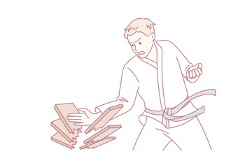 Oriental fights and war art concept. Young man in white kimono standing making push with hand breaking woods feeling strong confident vector illustration