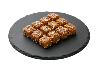 A dark slate platter holds numerous small, square, caramelized treats, generously sprinkled with sesame seeds.