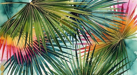 Watercolor Palm Fronds with Golden Accents and Vibrant Background Hues