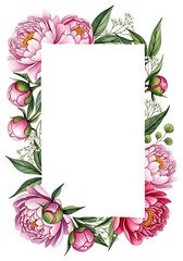 Watercolor Peony Frame with Buds, Leaves, and Gypsophila on White Background