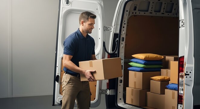 A delivery man loading packages into the back of a white cargo van.