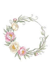 Watercolor Peony Wreath with Pink and Cream Blooms on White Background