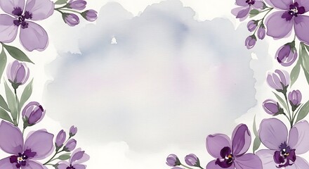 Watercolor Purple Orchids Frame with Soft Gray Background, Delicate Floral Design
