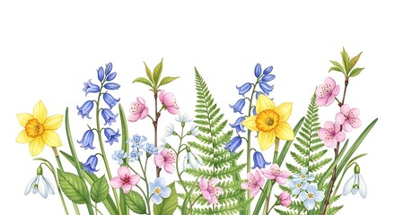 Watercolor Spring Flowers: Daffodils, Bluebells, Cherry Blossoms, Ferns, and Snowdrops
