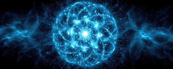 Obraz premium Dark blue and glow particle abstract background concept. Abstract representation of atomic structures in vibrant blue colors.