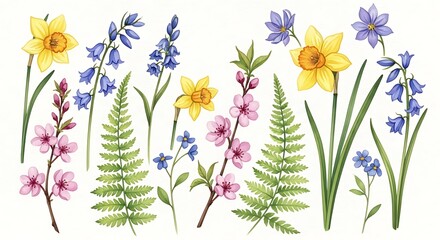 Watercolor Spring Flowers: Daffodils, Bluebells, Cherry Blossoms, and Ferns on White