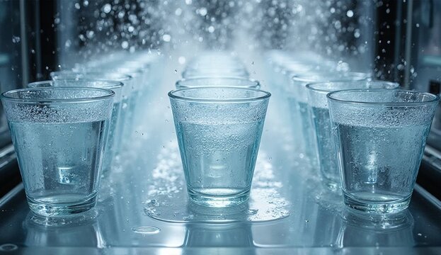 Industrial glass washing with rows of transparent glasses on reflective metal surface, water bubbles and dynamic splashes. Perfect for restaurants, bars, cafes, and commercial kitchen projects