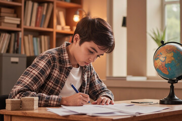Teenage Caucasian boy sitting at desk writing in notebook, studying with focused expression, surrounded by books and globe, engaging in homework or academic preparation in library setting