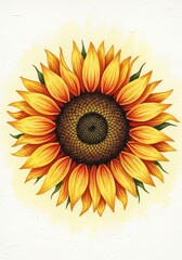 Watercolor Sunflower Blossom with Textured Petals and Detailed Seed Head