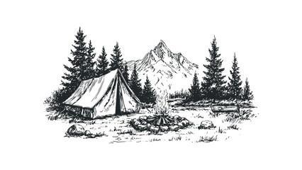 Tent and campfire scene with pine trees and mountain. Vector hand drawn illustration
