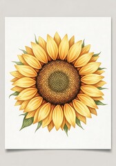 Watercolor Sunflower Portrait: Golden Petals and Detailed Seed Head on White