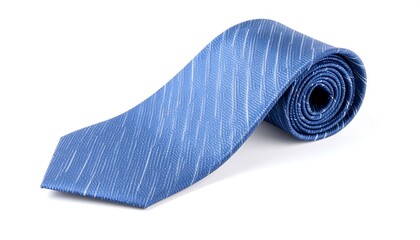 A light-blue necktie, featuring subtle, textured lines, is rolled neatly.