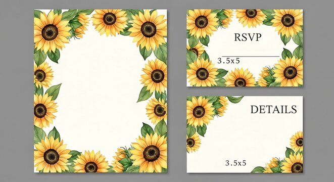 Watercolor Sunflower Invitation Suite with RSVP and Details Cards on Neutral Background