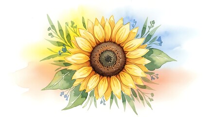 Watercolor Sunflower with Green Leaves and Blue Accents on Colorful Background