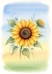 Watercolor Sunflower with Bud and Green Leaves on a Gradient Background