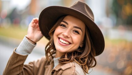A joyful woman, dressed in a warm brown coat and a wide-brimmed hat, beams with a bright smile outdoors.