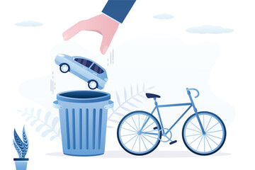 User hand throws car in trash bin and replaces it with bicycle. Refusal of polluting gasoline transport and choice of electric bike or bicycle. Alternative clean eco transport