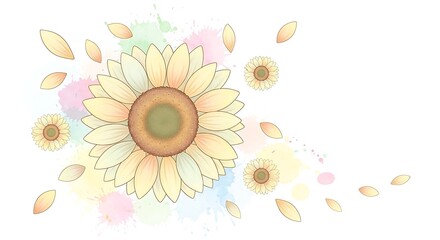 Watercolor sunflowers with scattered petals and pastel splashes on a white background