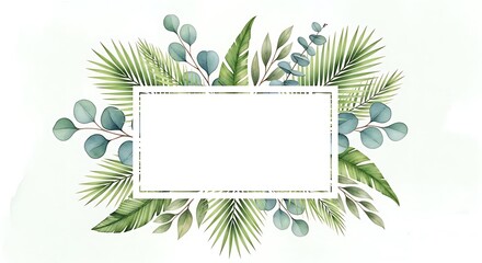 Watercolor Tropical Foliage Frame with Eucalyptus and Palm Leaves on White