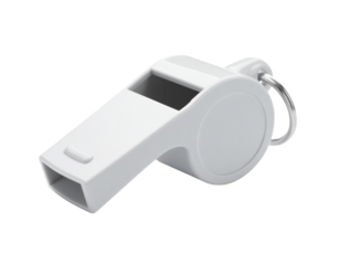 A white and gray whistle, a simple sports or safety accessory, isolated on a white background.
