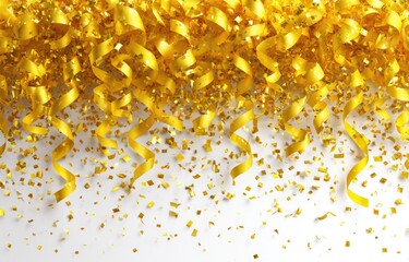 Gold streamers and confetti on white background
