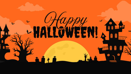 Spooky Halloween background featuring a haunted house, eerie fog, flying bats, and a glowing full moon, creating a chilling atmosphere for your Halloween-themed designs and projects.