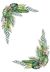 Watercolor Tropical Foliage Frame with Hibiscus Flowers and Lush Green Leaves