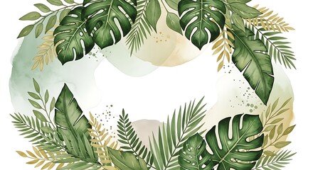 Watercolor Tropical Foliage Frame with Lush Green Leaves and Abstract Background