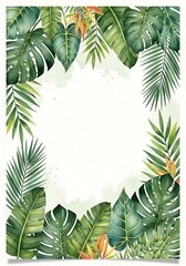 Watercolor Tropical Foliage Frame with Lush Green Leaves and Orange Accents