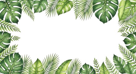 Watercolor Tropical Foliage Frame with Lush Green Leaves on White Background