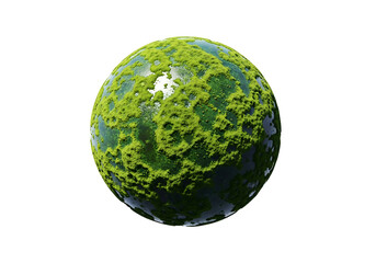 A vibrant, green sphere, speckled with moss-like textures, sits against a dark background, evoking a sense of a distant, alien world.