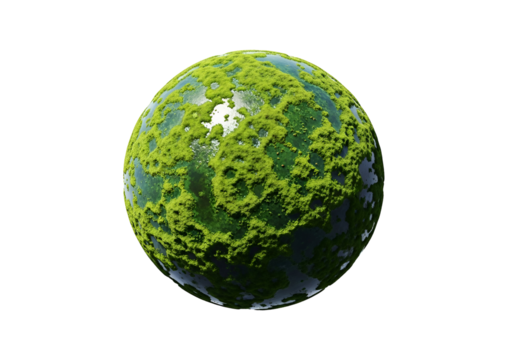 A vibrant, green sphere, speckled with moss-like textures, sits against a dark background, evoking a sense of a distant, alien world.