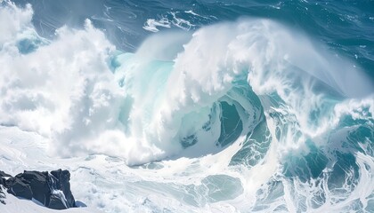 Powerful ocean wave crashes against the shore, showcasing a dramatic display of nature's force and beauty.