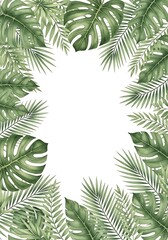 Watercolor Tropical Foliage Frame with Monstera and Palm Leaves on White