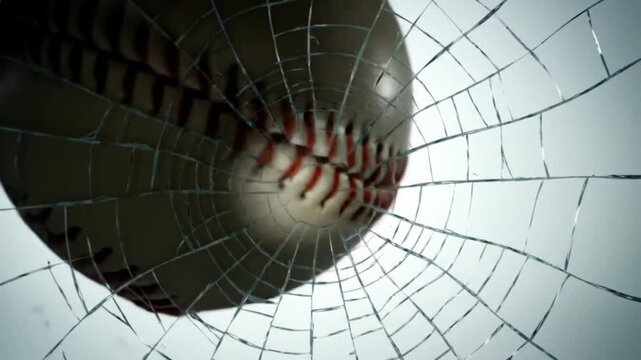 An extreme close-up of a baseball slowly colliding with glass, creating beautiful spiderweb cracks that burst outward in cinematic slow motion