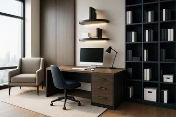 Contemporary home office interior with modern furniture, computer desk, bookshelves, and city view window in natural daylight. Ai generative.