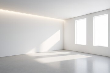 Fototapeta premium Bright minimalist interior with large windows casting sunlight onto blank white walls and clean gray floor for modern design mockup template use.