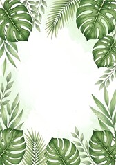 Watercolor Tropical Foliage Frame with Monstera Leaves and Greenery on White Background