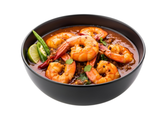 A vibrant bowl of spicy shrimp curry, showcasing succulent shrimp in a rich, red sauce, garnished with fresh herbs and peppers.
