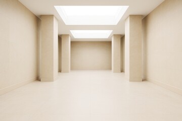 Modern empty beige interior room with tall columns, large skylights, and clean tiled floor in minimalist architectural design. Ai generative.